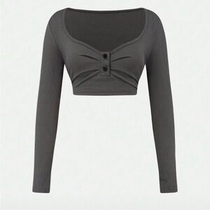 SHEIN Charcoal Buttoned Long Sleeve Crop Top